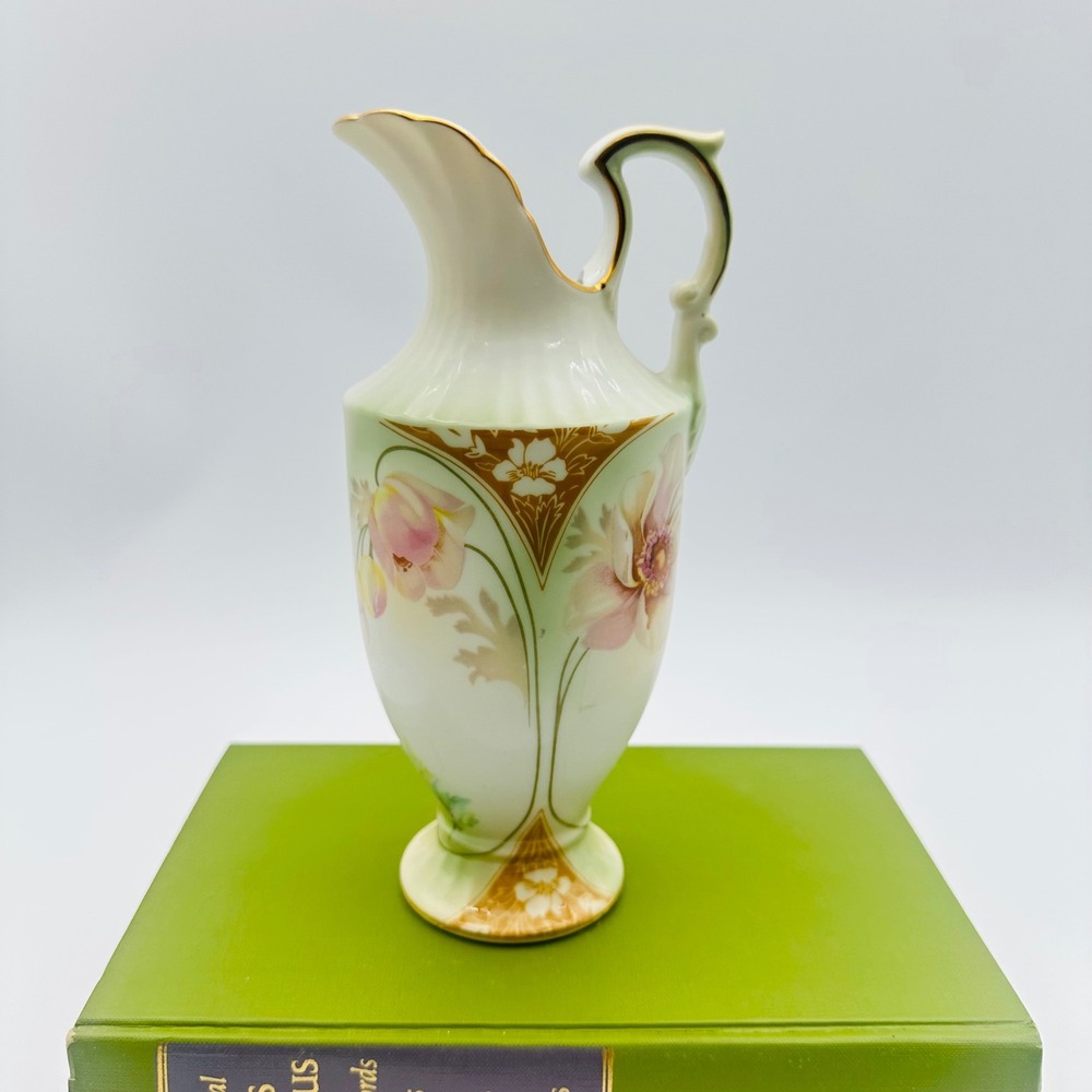 RS Prussia Antique Floral Porcelain Pitcher Gold Gilded Art Nouveau 8.5"